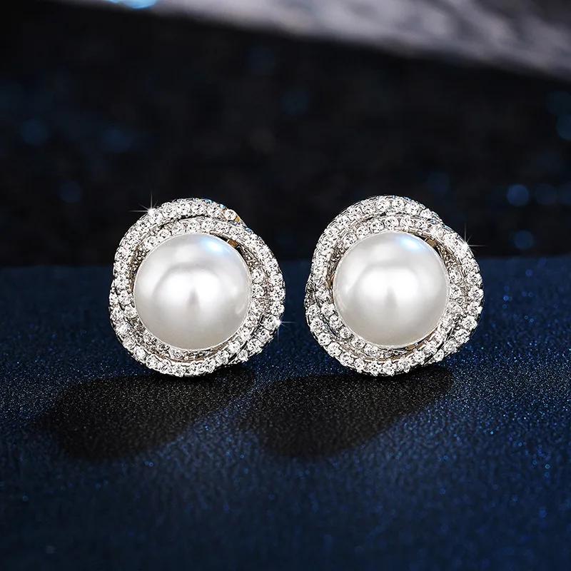 New Arrival Female Earrings  Sterling Silver Shiny Imitation Pearl Zircon Earrings for Women Cross Design Ear  Gift