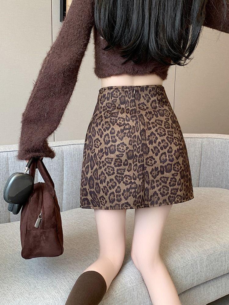 Retro Leopardenmuster Rock für Damen Hohe Taille Y2K Kurzer Rock