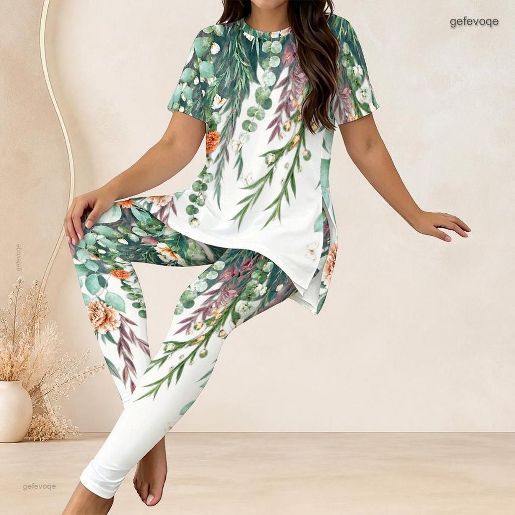 Women Plus Size Floral Printed Round Neck Short Sleeve Long Top And Fitted Pants Two Piece Set