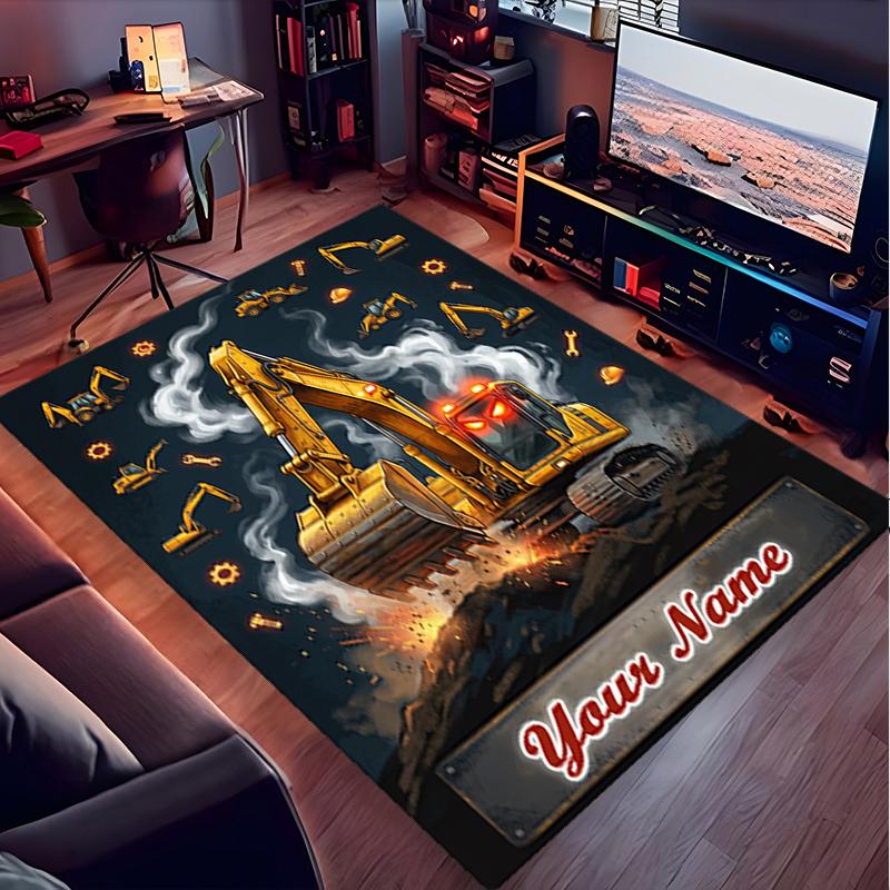 1PC Custom Name "Golden Excavator Adventure" Theme Floor Mat Ideal for Living Room, Game Rooms, Office, Bedroom, Office Floor Mat , Floor Mats for Hom