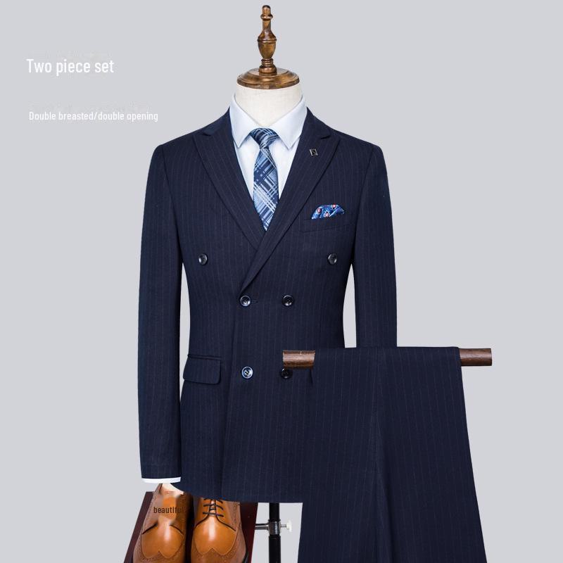 Terno Listrado Masculino de Abotoadura Dupla Estilo Coreano Slim Fit - Casual Casamento Noivo Três Peças