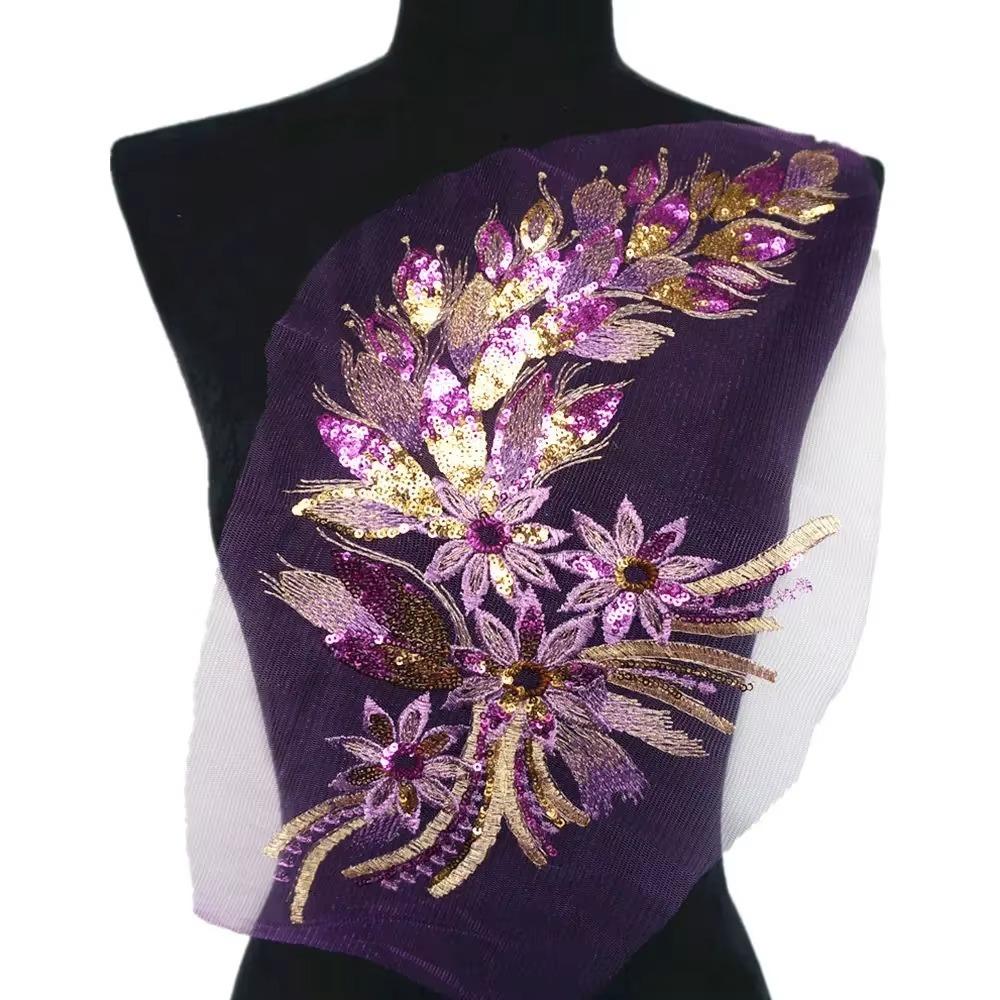 Blue Black Gold Sequined Embroidery Patches Lace Trims Mesh DIY Embroidered Floral Patches Sequins Patches