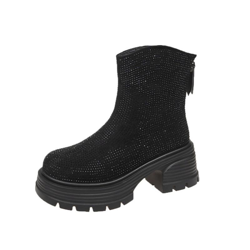 Bottines à plateforme en cristal pour femmes Chaussures à talons hauts de luxe Femme Marque Créateur Tendance Hiver 2025 Confortable Épais Fermeture éclair Botas Mujer