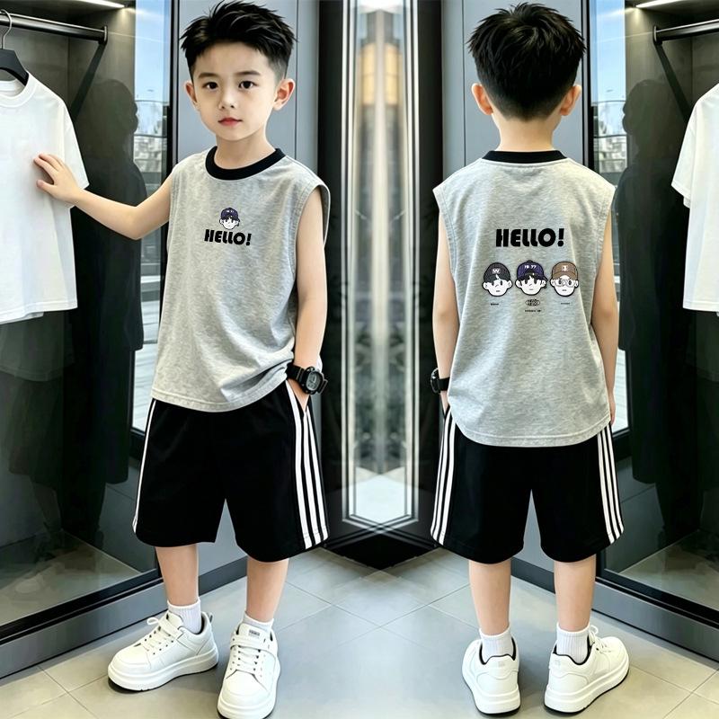 Boys' Summer Color Block Vest & Shorts Set, Ages 8-12, Trendy Three Stripes Design