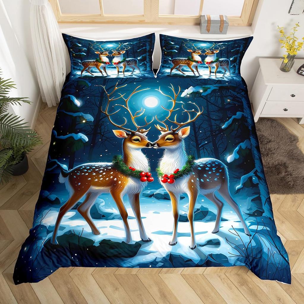 Marry Christmas Deer 3D Printed Bedding Set Fresh Style Cozy Soft Duvet Cover King Queen Twin Size Birthday Gift Bedroom Decor