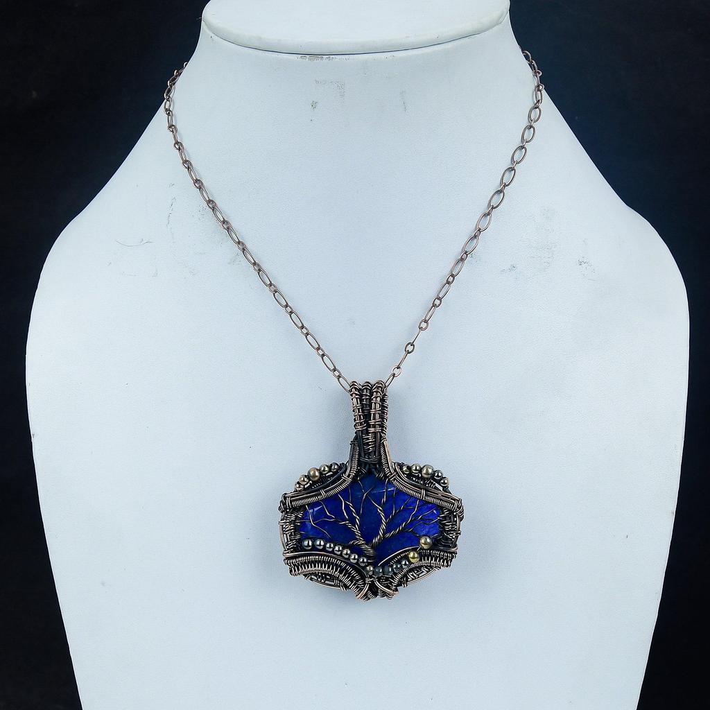 Pandantiv Lapis Lazuli Bijuterii cu Pietre Prețioase Lucrate Manual, Pandantiv Înfășurat în Sârmă de Cupru 999, Pandantiv Bijuterii cu Design Unic