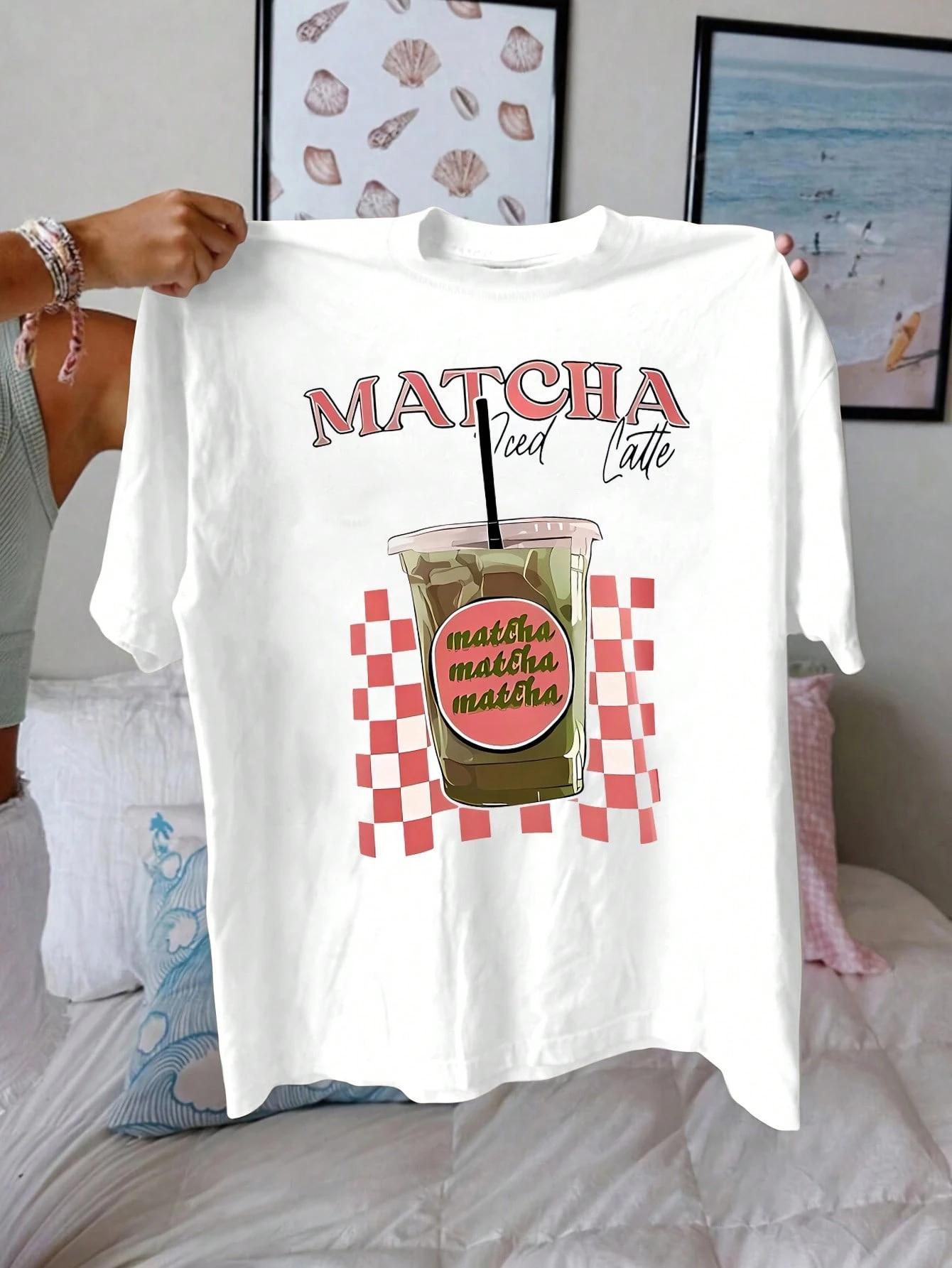 

Принт Напиток Матча со льдом Женские футболки Хлопковая многоцветная футболка Хип-хоп Летняя с коротким рукавом Y2K На каждый день Женская уличная одежда L