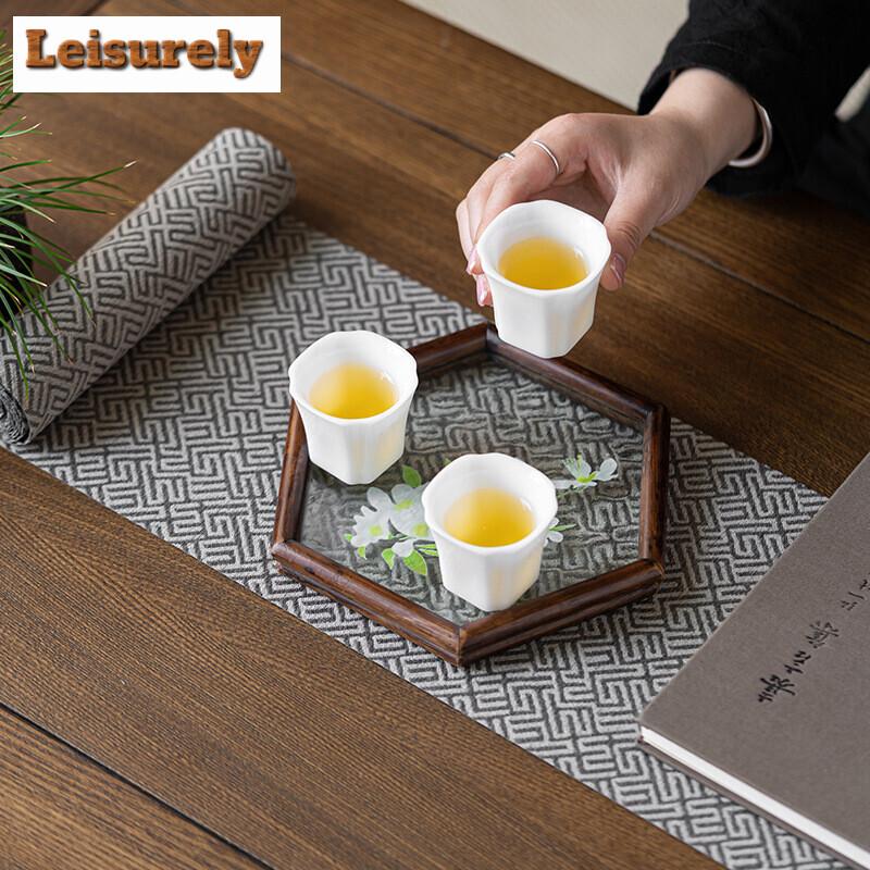 Zen Water Textured Glass Cup Coaster Walnut Wood Hexagonal Tea Tray Japanese Small Teapot Holder Household Tea Table Accessories