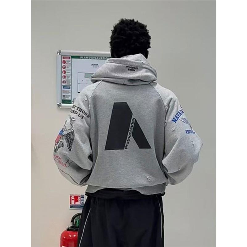 Mens Distressed Patchwork Graphic Hoodie With Zipper Front Cotton Blend Casual Streetwear Sweatshirt Fall