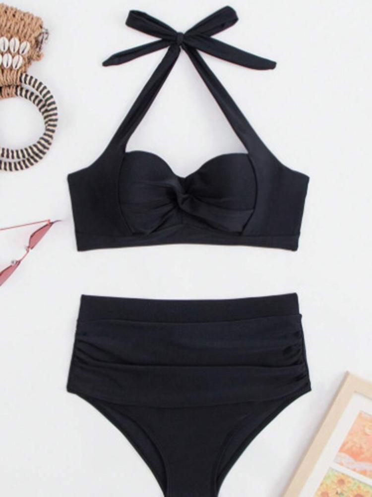Solid Bikini Set Women Swimsuit Two-Piece High Waisted Backless Female Swimwear Bathing Summer Fashion Vacation Beachwear