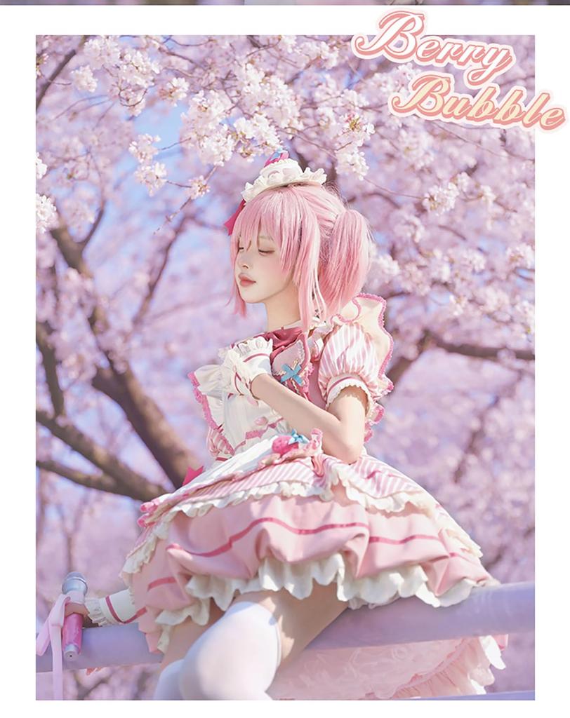 XHSUKADO Maid Outfit and Striped Lolita Dress with Ruffles and Perfect for Idol and Size Women's 2-Piece Set, Dress, Apron, Ribbons, Cosplay,