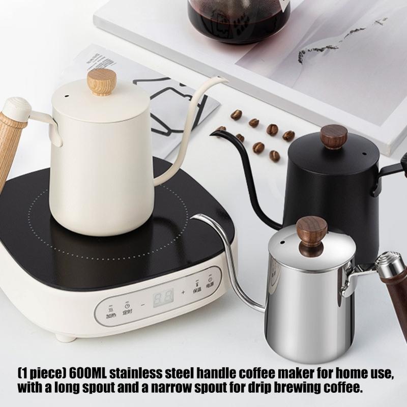 Bouilloire à Café en Acier Inoxydable 304 avec Bec Long Col de Cygne Capacité 600ML Théière avec Poignée en Bois Pour Contrôle Manuel des Gouttes