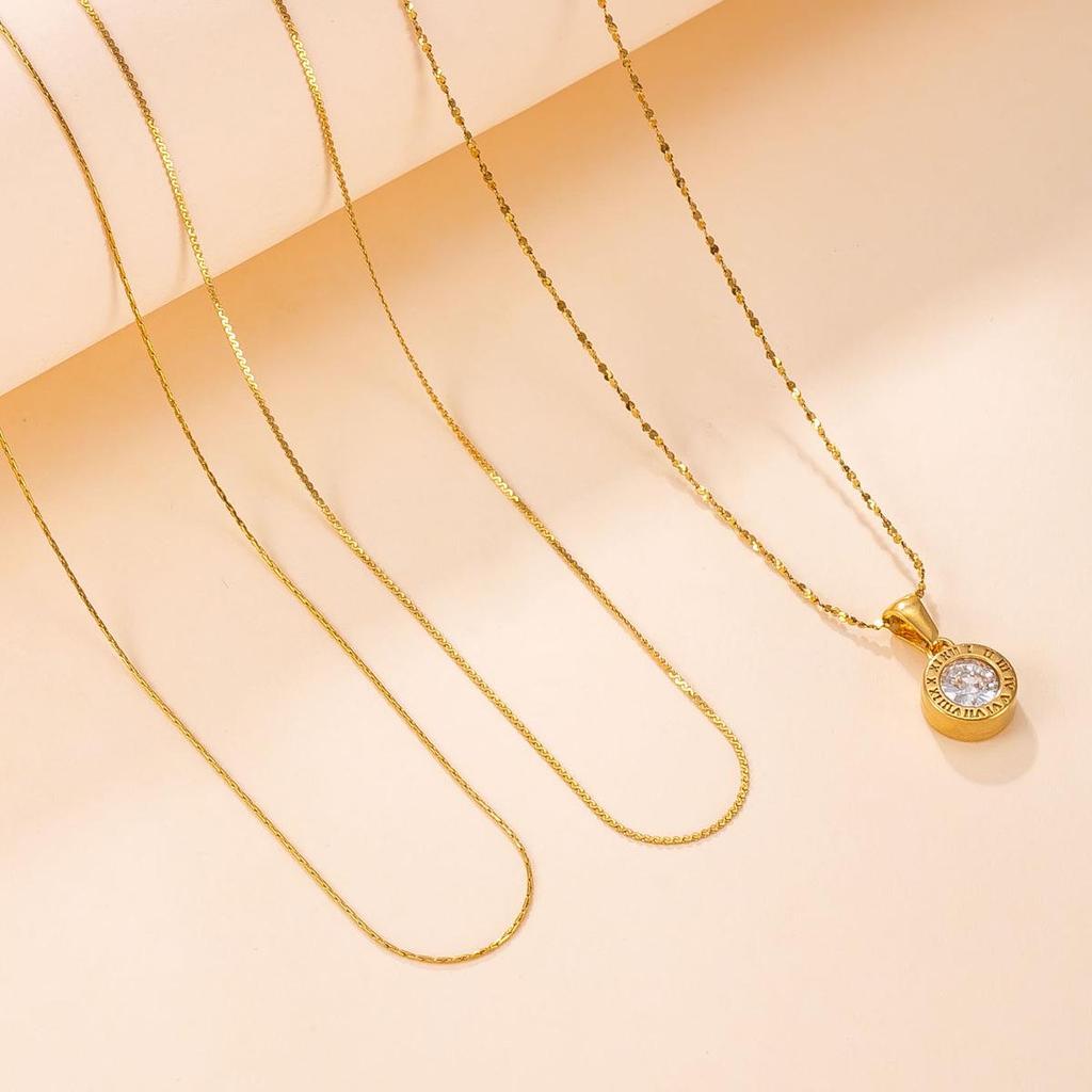 European & American Roman Round Diamond Zirconia Clavicle Necklace - Women's Light Luxury Versatile Jewelry Set
