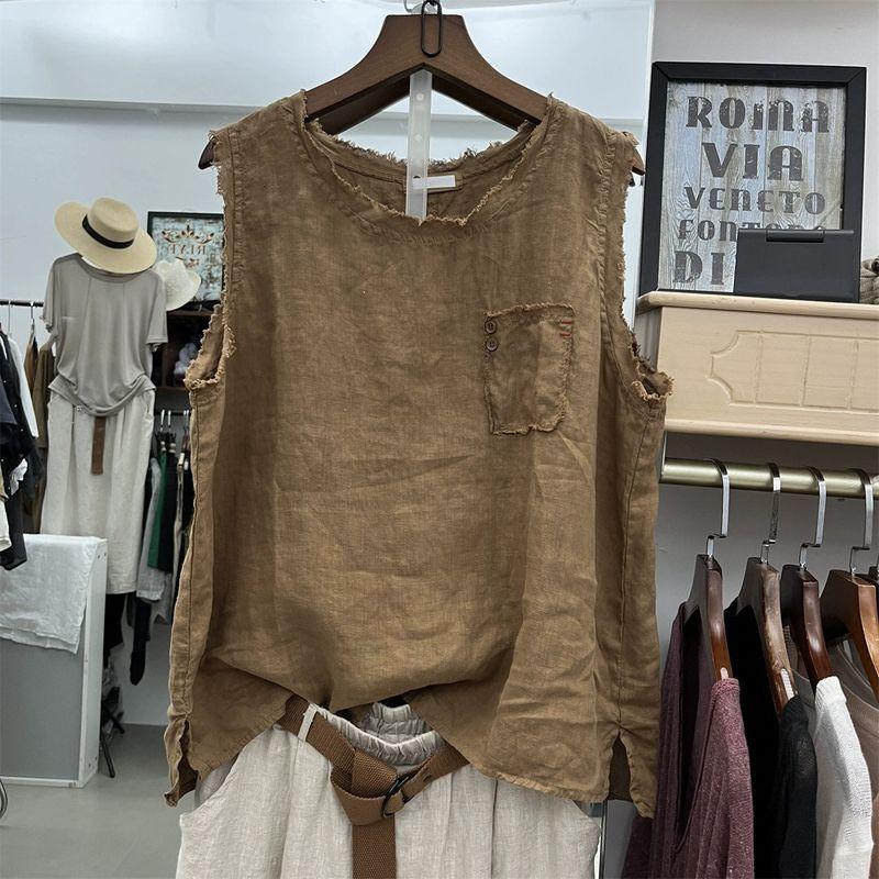 

Summer Pure Color Linen Frayed round Neck Vest Unisex Wear Same Style Artsy Cotton Linen Loose Fashion Sleeveless Tops Thin Curry M