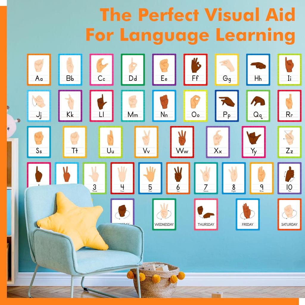 ASL Alphabet Line Bulletin Board Set, 43pcs Letters Numbers Week Sign Language Decorations, 26 Letters/7 Days of the Week1-10 Numbers Small Posters