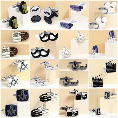 Freemason Leather Cord Camera Cufflinks with Mustache & Clapperboard Design