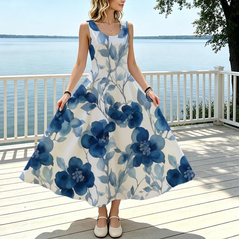 Women's Bohemian A-Line Sleeveless Maxi Dress Blue White Floral Print,Lightweight & Versatile for Vacation Casual Wear