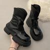 Women Soft Leather Modern Boots Woman Ankle Boots Square Toe Flats Platform Shoes Fashion Ladies Short Pants Botas Goth But Pluk