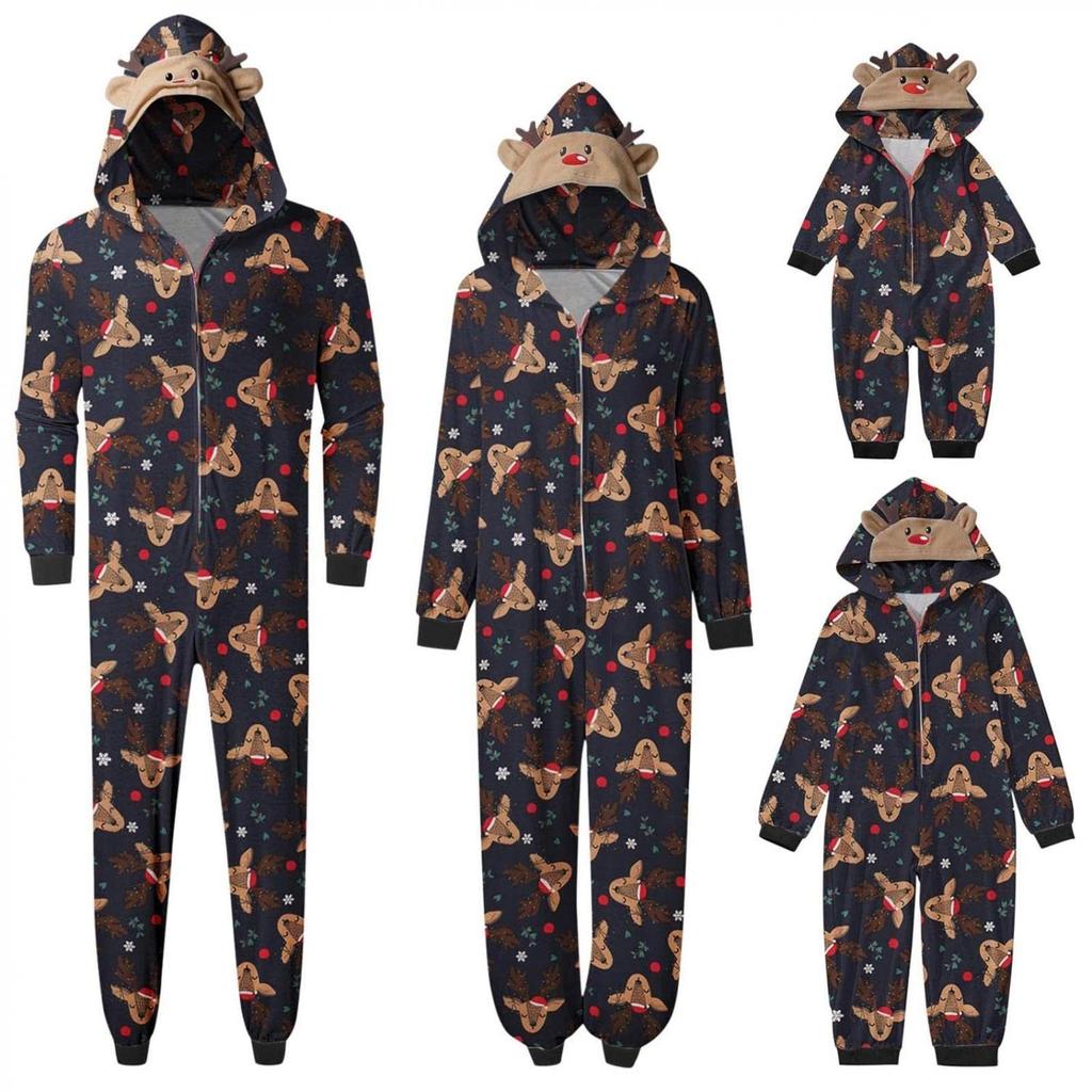 Christmas Hooded Jumpsuit Pajamas Elk Loungewear Outfits, Family Xmas  Matching Sets