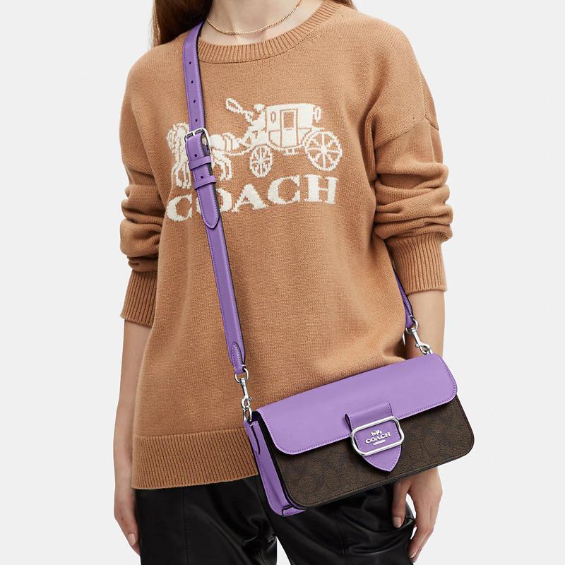 Coach Morgan 27 Logo Classic Print Multi-Functional Pocket Snap Canvas With Leather Baguette Handheld Shoulder Bag Large Women bags CJ617-SVW1P