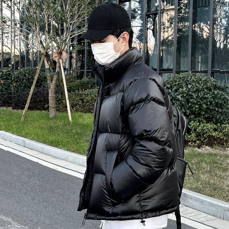 

Short down jacket men s new winter stand-up collar shiny thickened white goose down loose bread jacket M