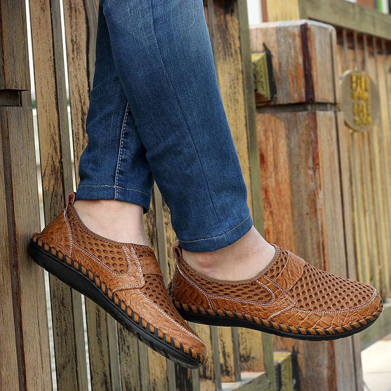 Sommar Herr ÄKTA Lädersandaler Andningsbara Lädskor Medelålders Herrskor Bekväma Slip-on Meshsko