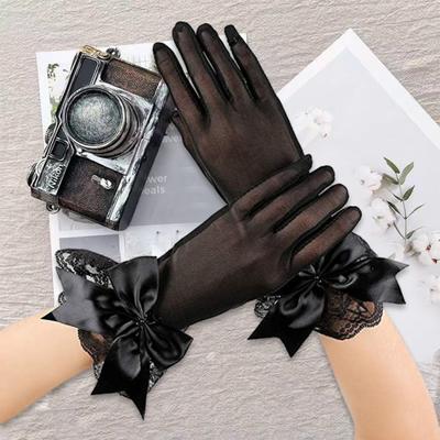 1 par de guantes para vestido de novia, decoración con lazo, puños empalmados de encaje de malla, guantes de rendimiento, accesorios para fiesta de matrimonio