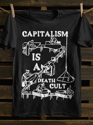 Herren Vintage Punk Rock T-Shirt Anarchistisches Symbol Kapitalismus Ist Tödlicher Kult Slogan Baumwolle Weich Rundhalsausschnitt Kurzarm Schwarzes T-Shirt