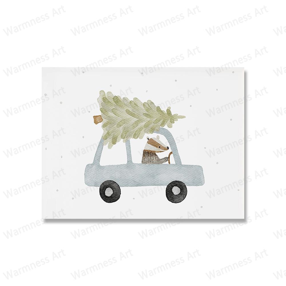 Funny Animals Bear Deer Goose Car Posters Christmas Tree Prints Wall Art Canvas Snowman Pictures for Baby Kids Room Home Decor