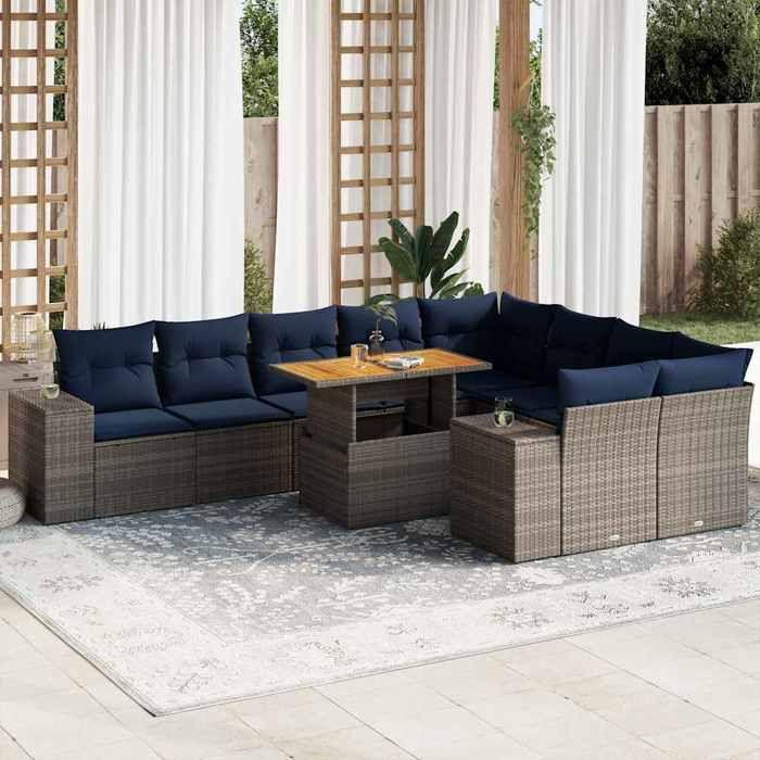 VidaXL Salon de jardin avec coussins 10 pcs gris résine tressée, ensemble de canapés d'extérieur, ensemble de canapé d'angle 3327421