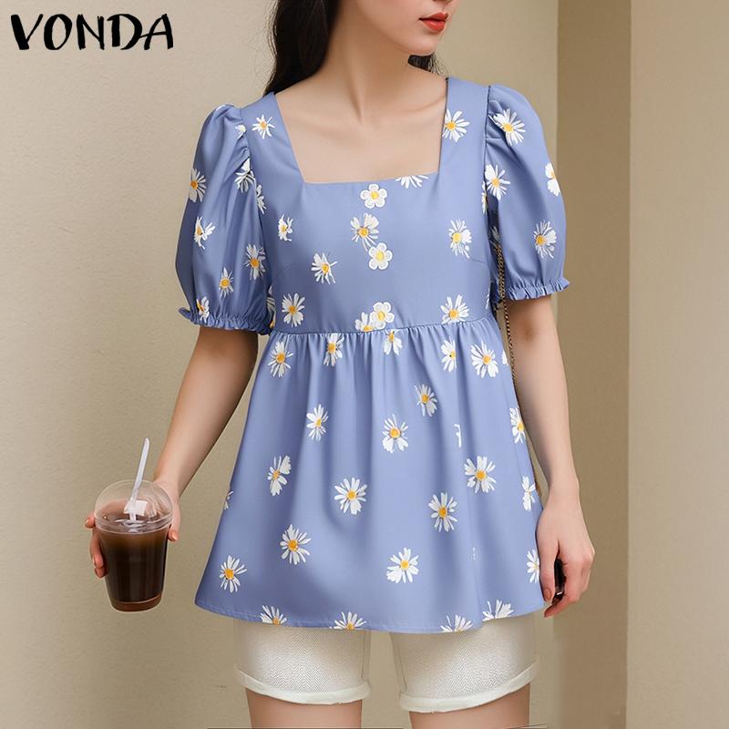 

VONDA Women Square Collar Short Sleeve Floral Print Ruffled Casual Blouse S