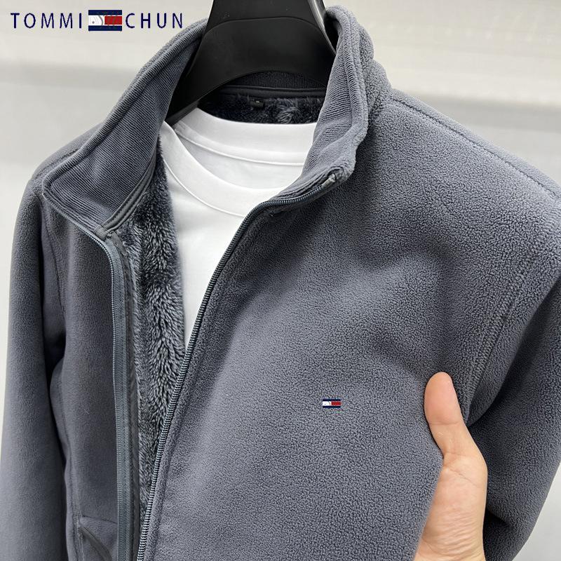 Męska Ciepła Kurtka Kardigan Tommy z Futerka z Kołnierzem Stojącym na Zamek