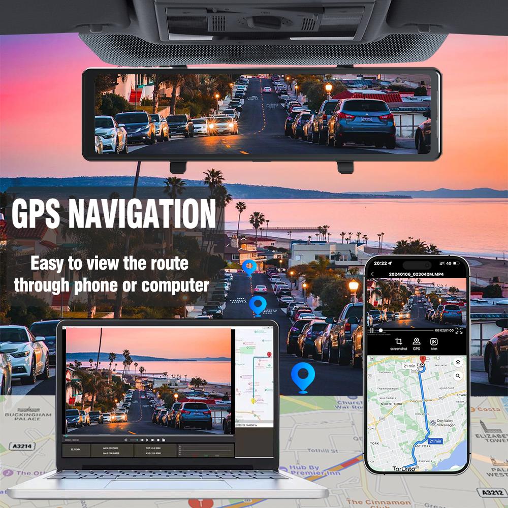 Aprilboy 12'' 4K Carplay&Android Auto Car DVR Dash Cam View Mirror Camera for Video Recorder Rearview Dash Cam 1080P Rear Camera