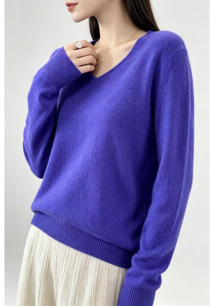 Women's 100% Pure Wool V-Neck Loose Knit Sweater - Solid Color Autumn/Winter Basic Layer