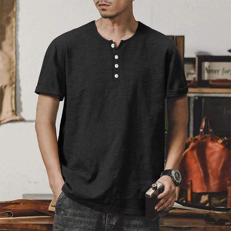 Heavyweight Bamboo Henry Collar Men's T-shirt Short-sleeved Summer Casual American Big Size Solid Colour Men's Button Up Tops