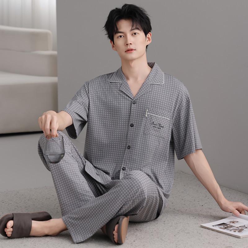 

Men s Summer Pajama Set: Short Sleeve, Long Pants, Modal Cotton, Breathable, Comfortable, Cardigan Style, Suitable for Outdoor Wear. L