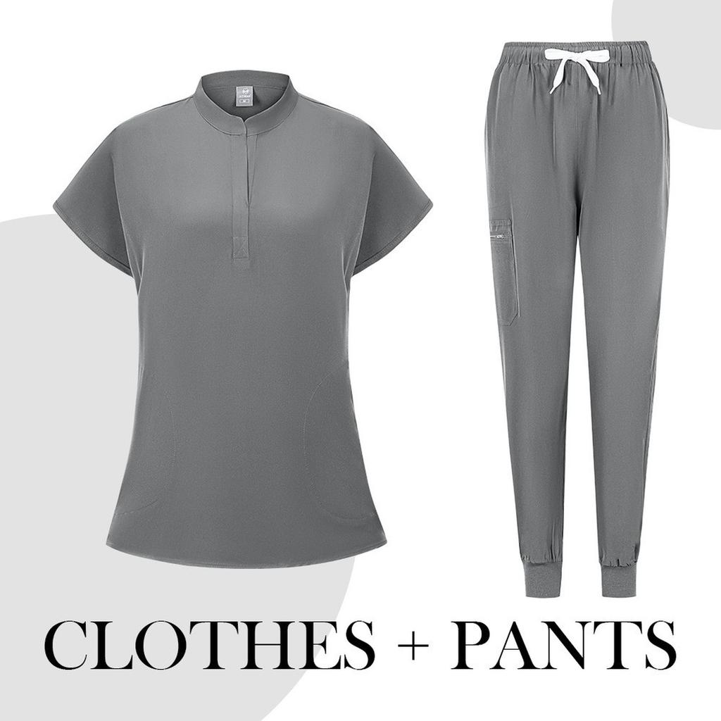 Women's Quick Drying Fabric Solid Color V-neck Pocket Short Sleeved Pants Set Workwear