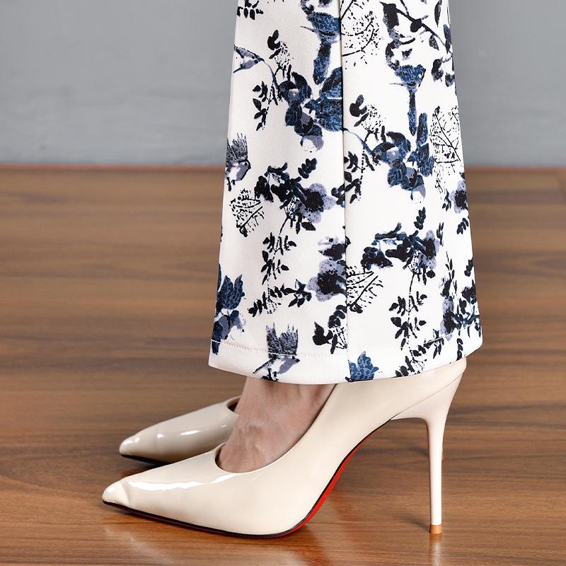 Green Floral Micro-Flare Pants - Autumn/Winter 2024 Body-Shaping Elastic Women's Long Pants