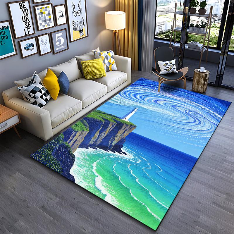 3D Ocean View Carpet with Lighthouse and Cliff Art Design Rug Suitable for use as an anti-slip for living room bedroom sofas