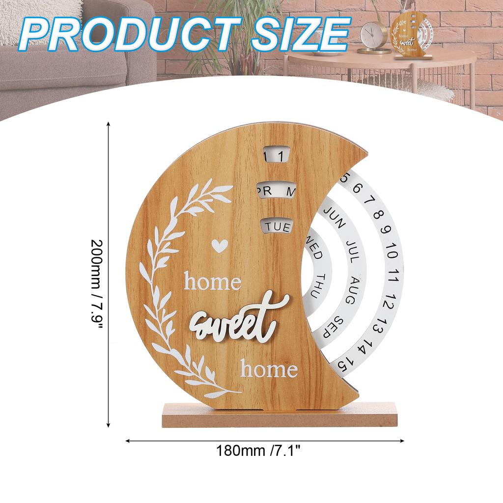 Wooden Perpetual Calendar Disc Stand Manual Rotating Turntable Calendar Month Week Date Display Home Office Desktop Decoration