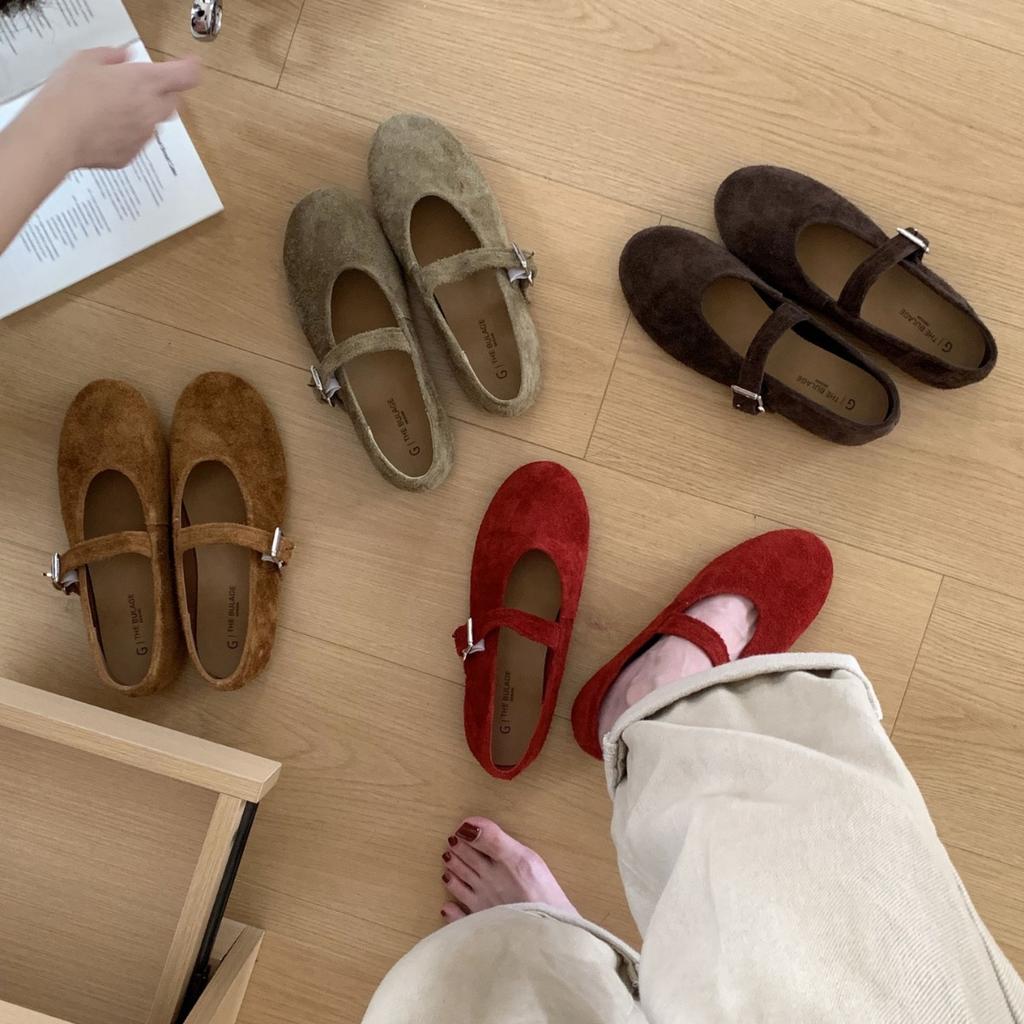 THEBULAGE Korean Version of Round Head Shallow Mouth Single Shoes 2025 Autumn One-word Buckle with Mary Jane Flat Shoes