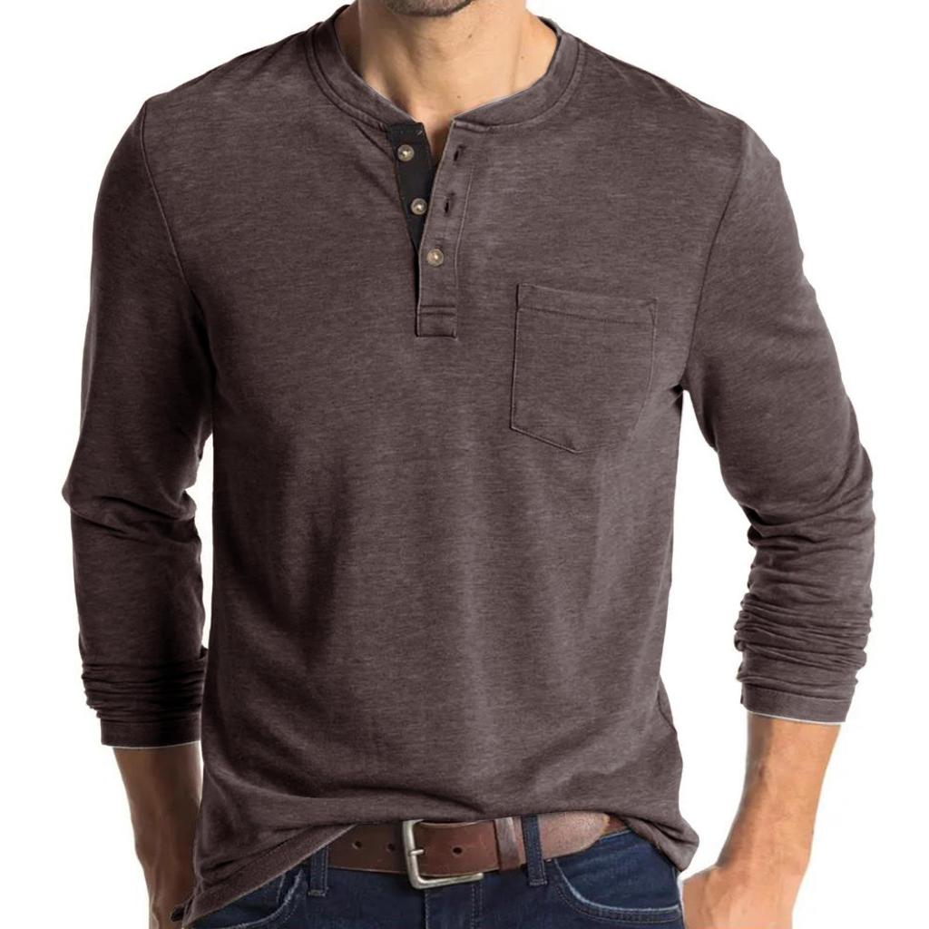 Men's Casual Long Sleeve Henley Shirt with Chest Pocket