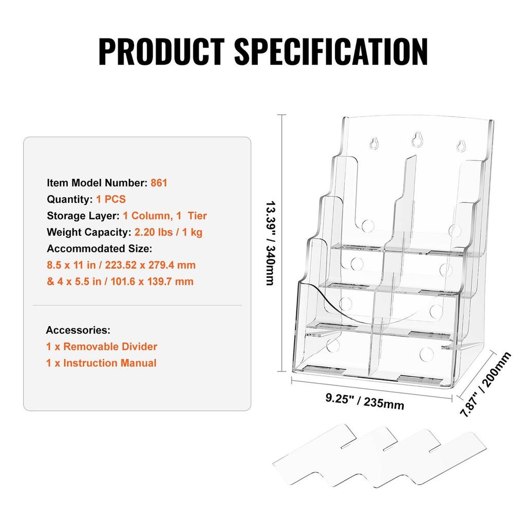 Acrylic Brochure Holder 8.5 X 11 Inch 4-Tier Literature Display Stand Rack