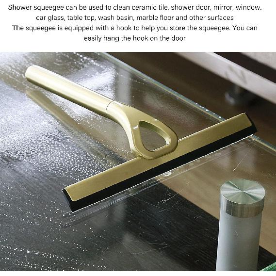 Shower Squeegee for Glass Doors with Adhesive Hook Gold Window Squeegee Rubber Scraper for Bathroom, Window, Mirror, Car Glass, Tile Wall
