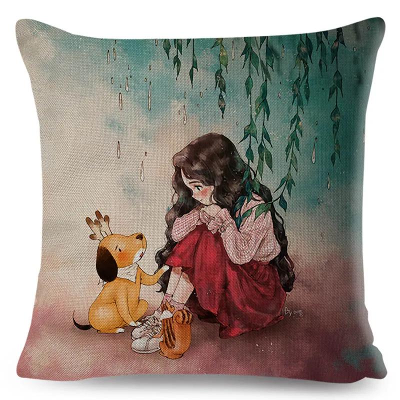 Colorful Cute Cartoon Girl and Pet Dog Fairy Tale World Pillowcase Decor for Sofa Home Pillow Case Polyester Cushion Cover