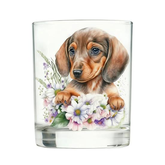 Whiskey Glass, Dachshund Glass Tumbler, Hand Painted Dog Floral Cup for Whiskey Coffee, Home Bar Gift for Dog Lovers