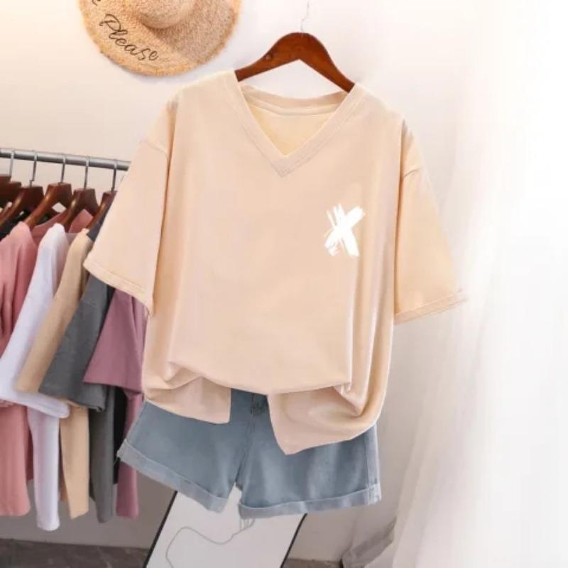

Футболка с коротким рукавом, Свободного кроя, Приталенный топ с V-образным вырезом с принтом для женщин 5XL абрикосовый