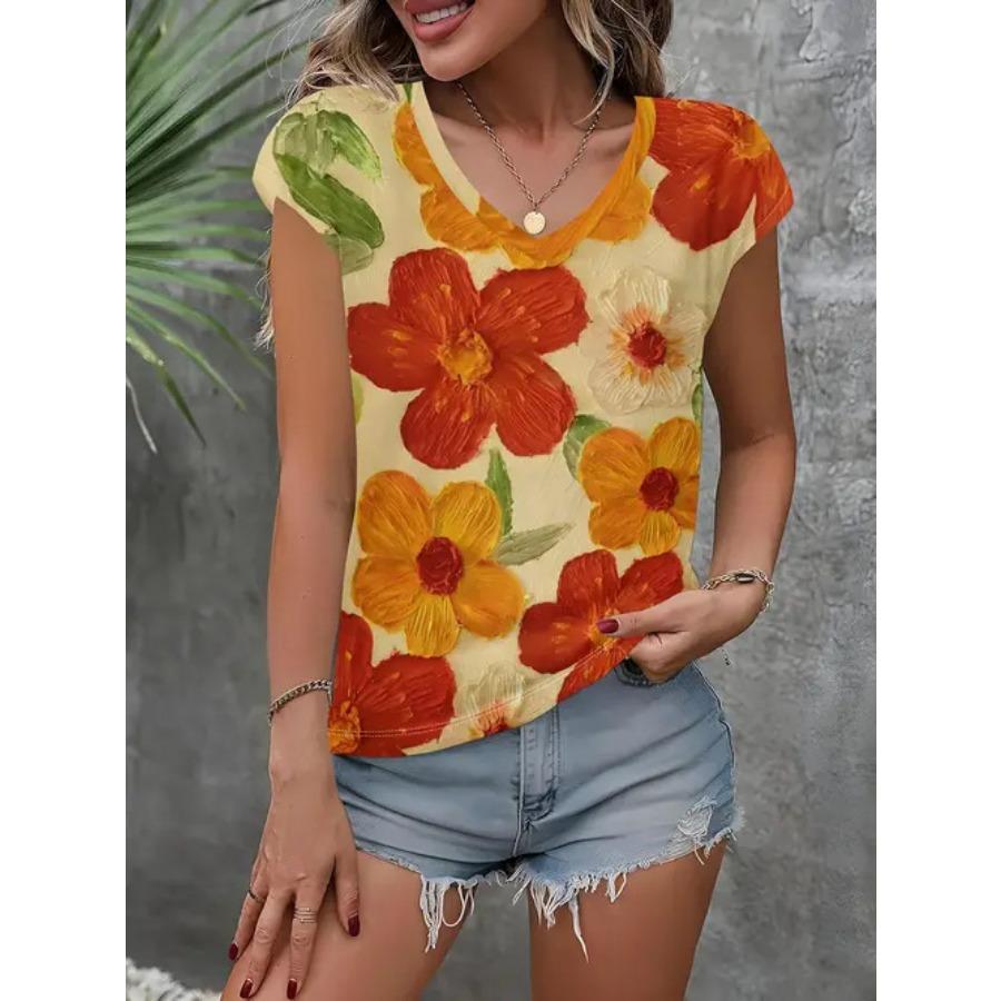 Camiseta vintage para mujer con estampado floral, manga corta, cuello en V, tops cómodos