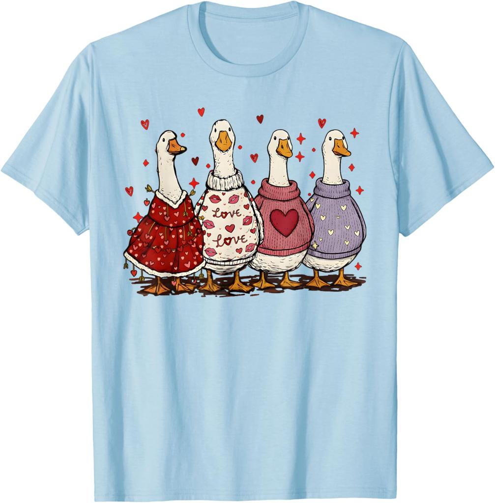 Cute Valentines Day Geese Ducks In Sweaters Graphic T-Shirt Casual Daily Wear