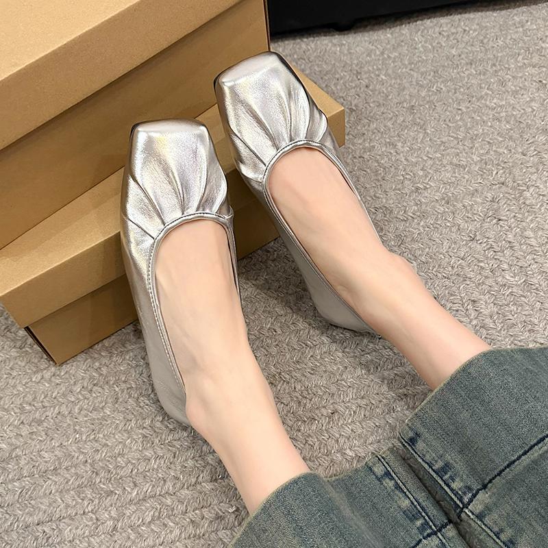 2024 Fashion Solid Color Square Toe Women's Shoes Spring and Autumn Shallow Mouth Slip-On Versatile Pleated Flat Women's Shoes